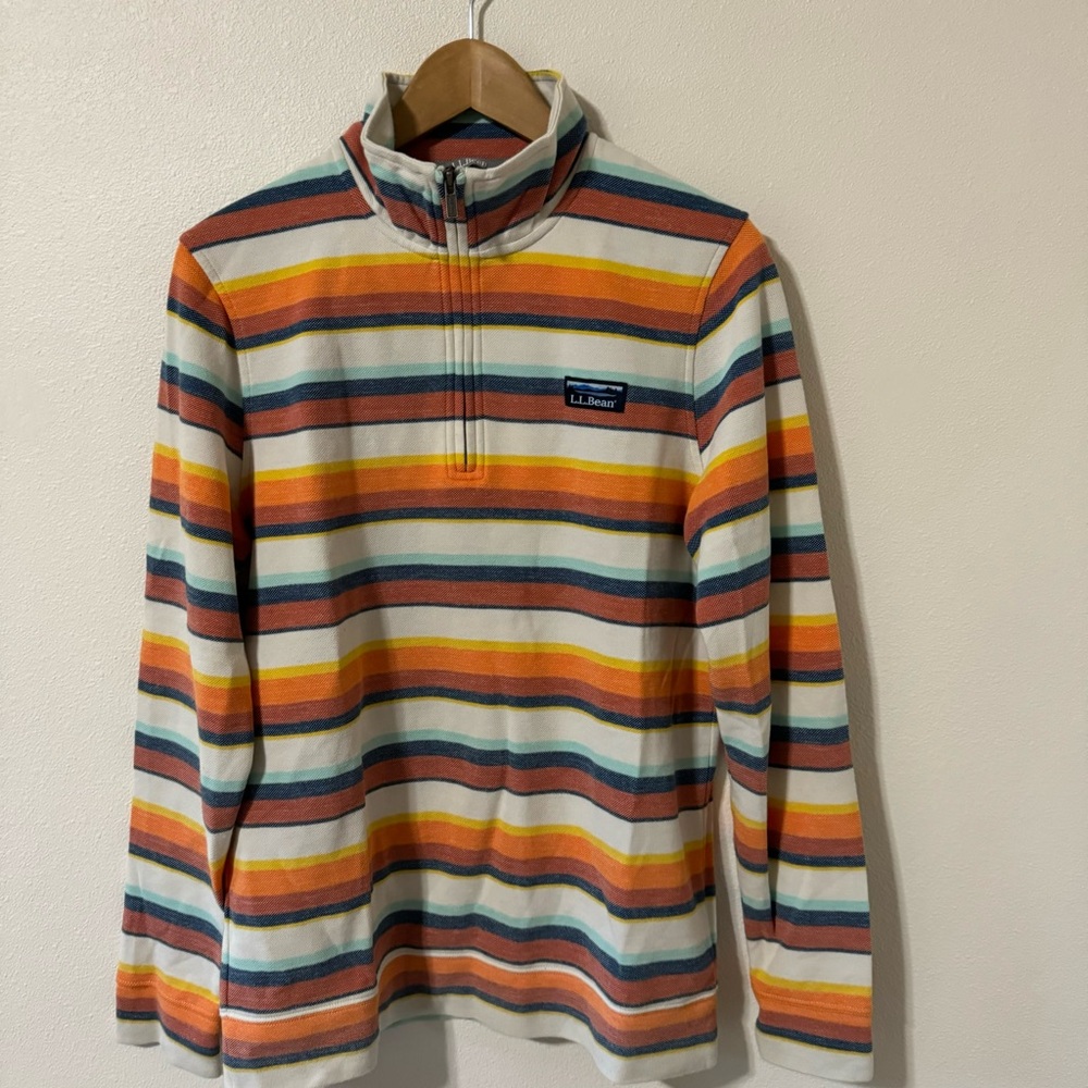 LL Bean Comfort Stretch Piqué Quarter Zip Pullover Long-Sleeve Multi Stripe-S